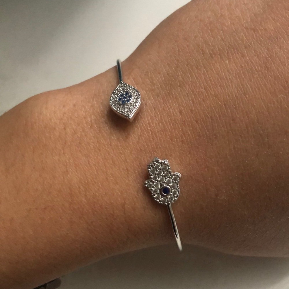 Hamsa hand and evil eye silver bracelet